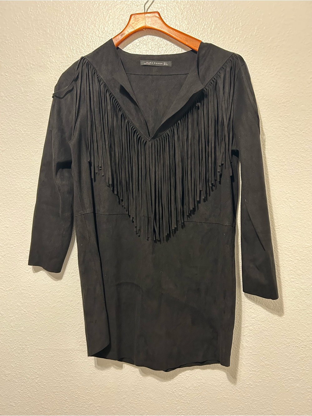 Zara Black Suede Mini Dress with Fringe V-Neck